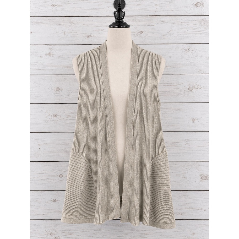Eileen Fisher Sweater Vest Size M Beige Ribbed Knit Open Italian Yarn A-Line